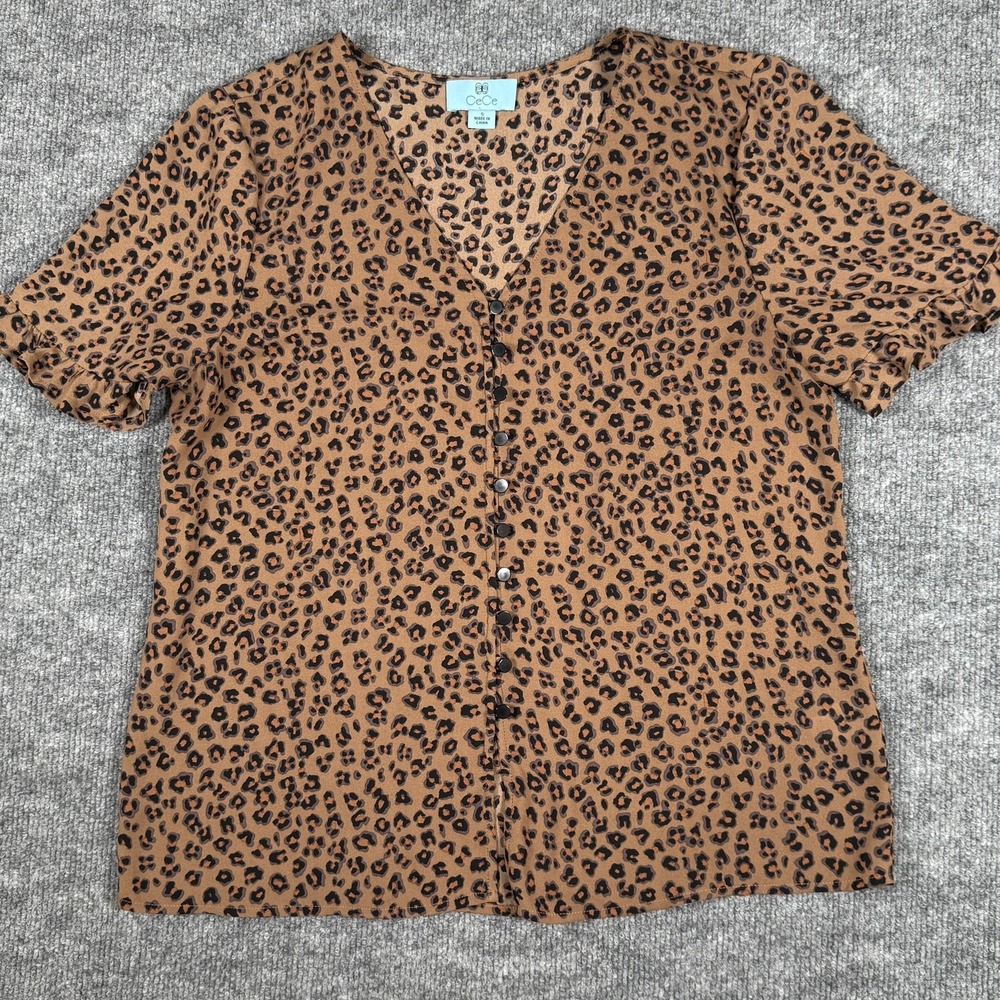 CeCe Blouse Womens Small Brown Leopard Print Short Sleeve Button Up Ruffle Top